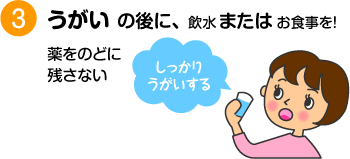 ③うがい　薬をのどに残さない