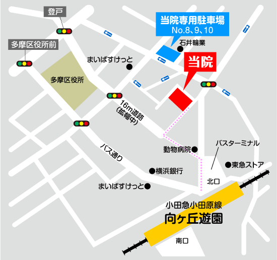むこうがおかクリニック地図 駐車場、8・9・10